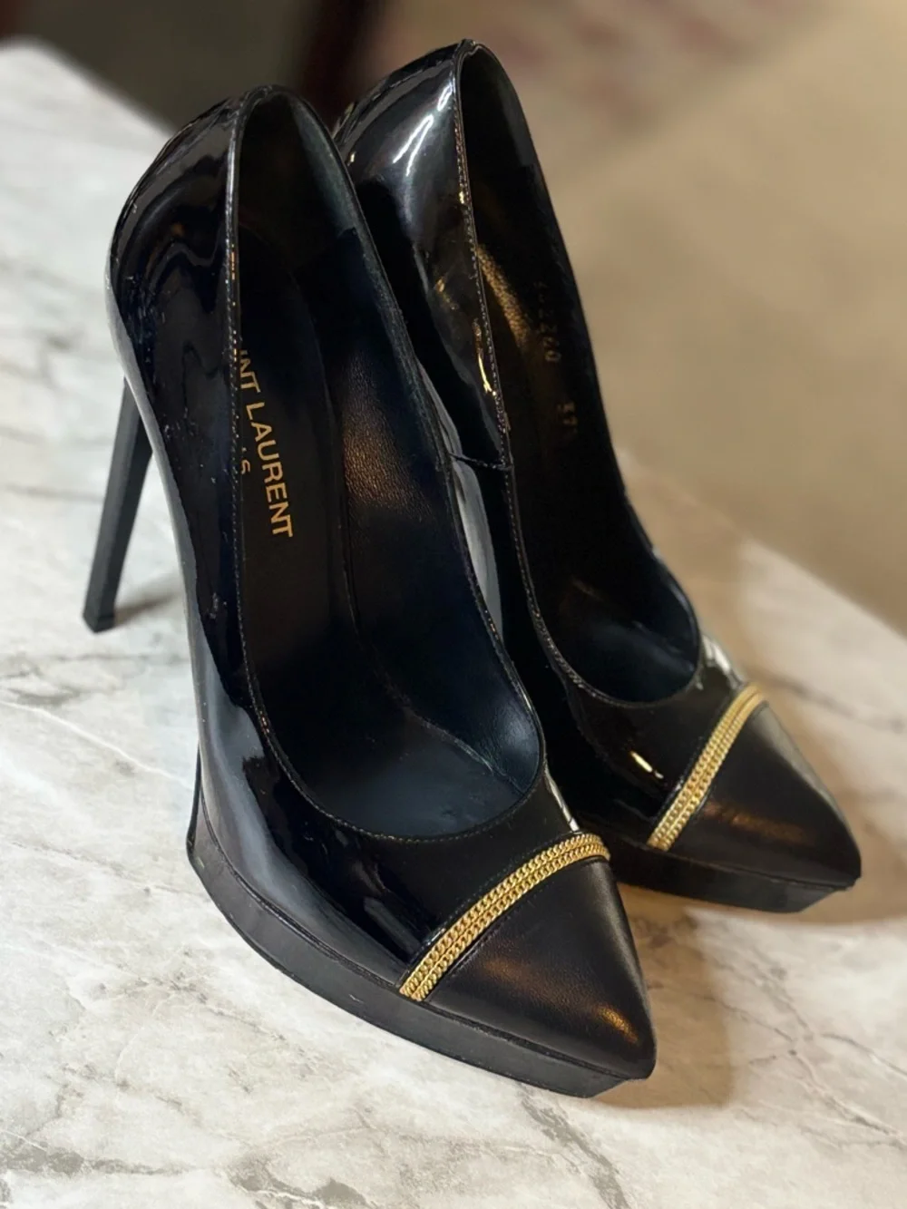 Saint Laurent Black Patent Leather Pointed Toe Pumps w/ Gold Chain Trim Sz 37.5